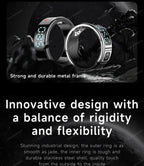 Two metallic rings with digital displays on a dark background, emphasizing strength and innovation.