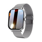 Silver smartwatch with mesh band on a white background