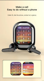 Wireless earbuds with a smartphone app interface on a beige background