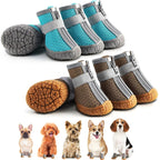 Set of dog boots with different color options on a white background, featuring small dog illustrations.