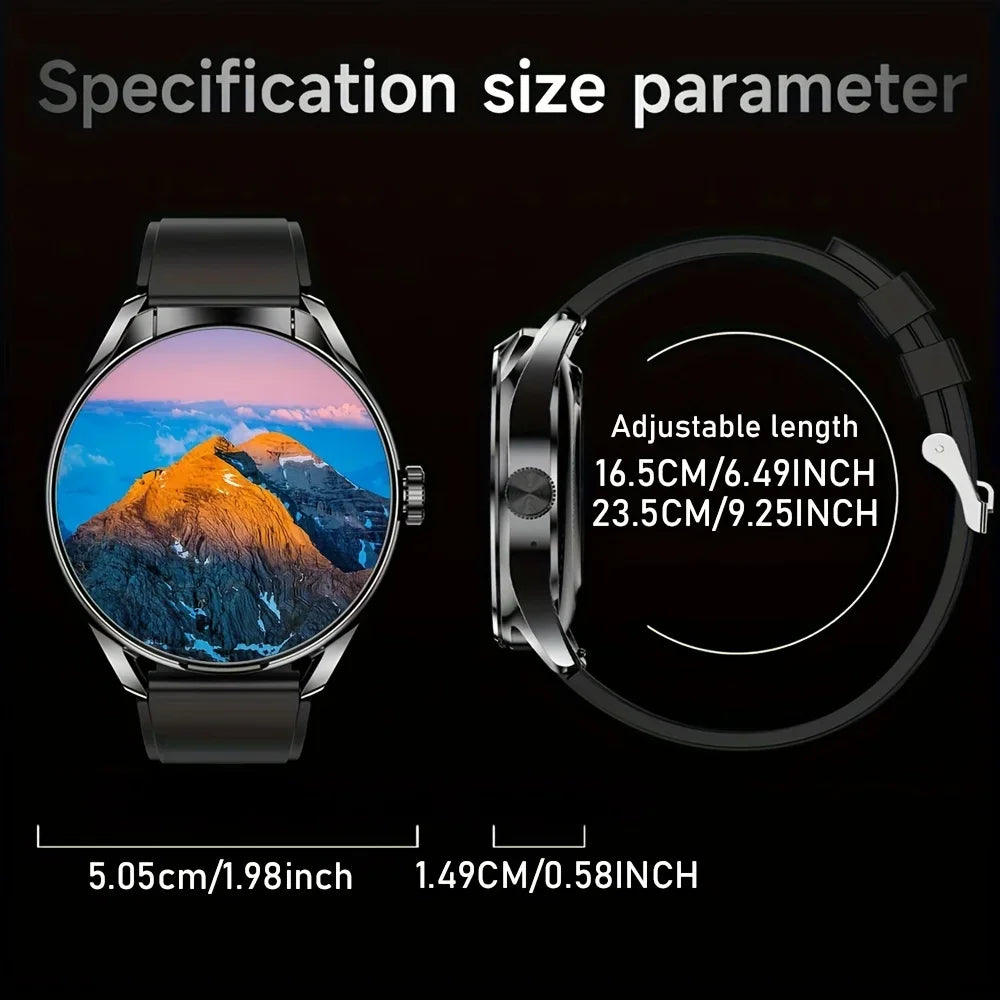 Smartwatch with adjustable band and mountain landscape display on a black background