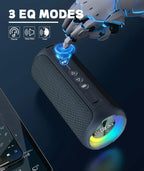 Bluetooth speaker with RGB lighting and '3 EQ Modes' text on a dark background