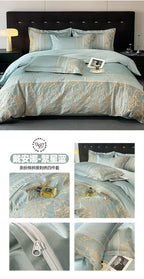 Bedding set with decorative patterns and tags on a bed, featuring a brand logo.