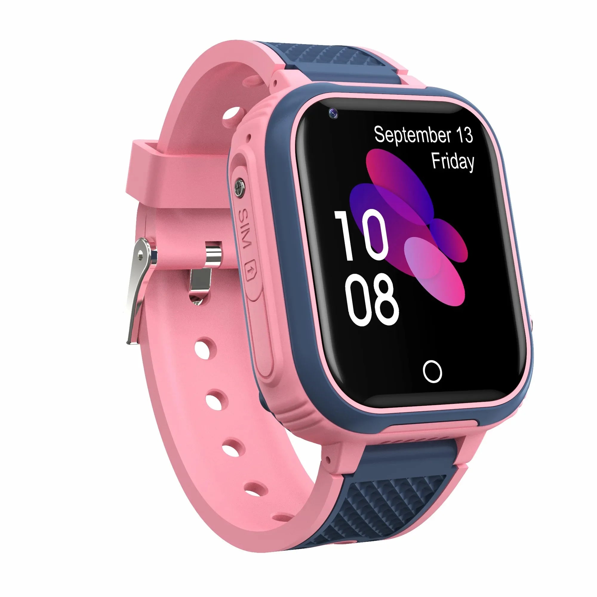 Smartwatch with pink and blue band on a white background
