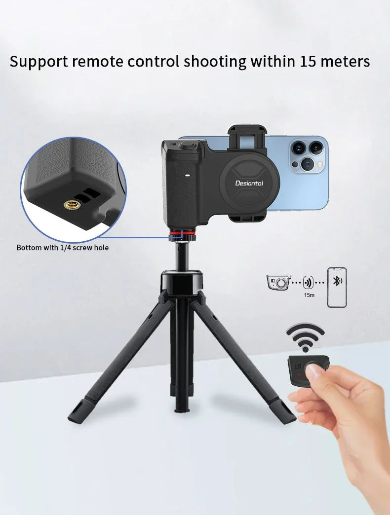 Phone holder with tripod and remote control on a white background