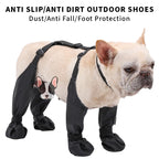 Dog wearing black anti-slip shoes with text about shoe features on a white background