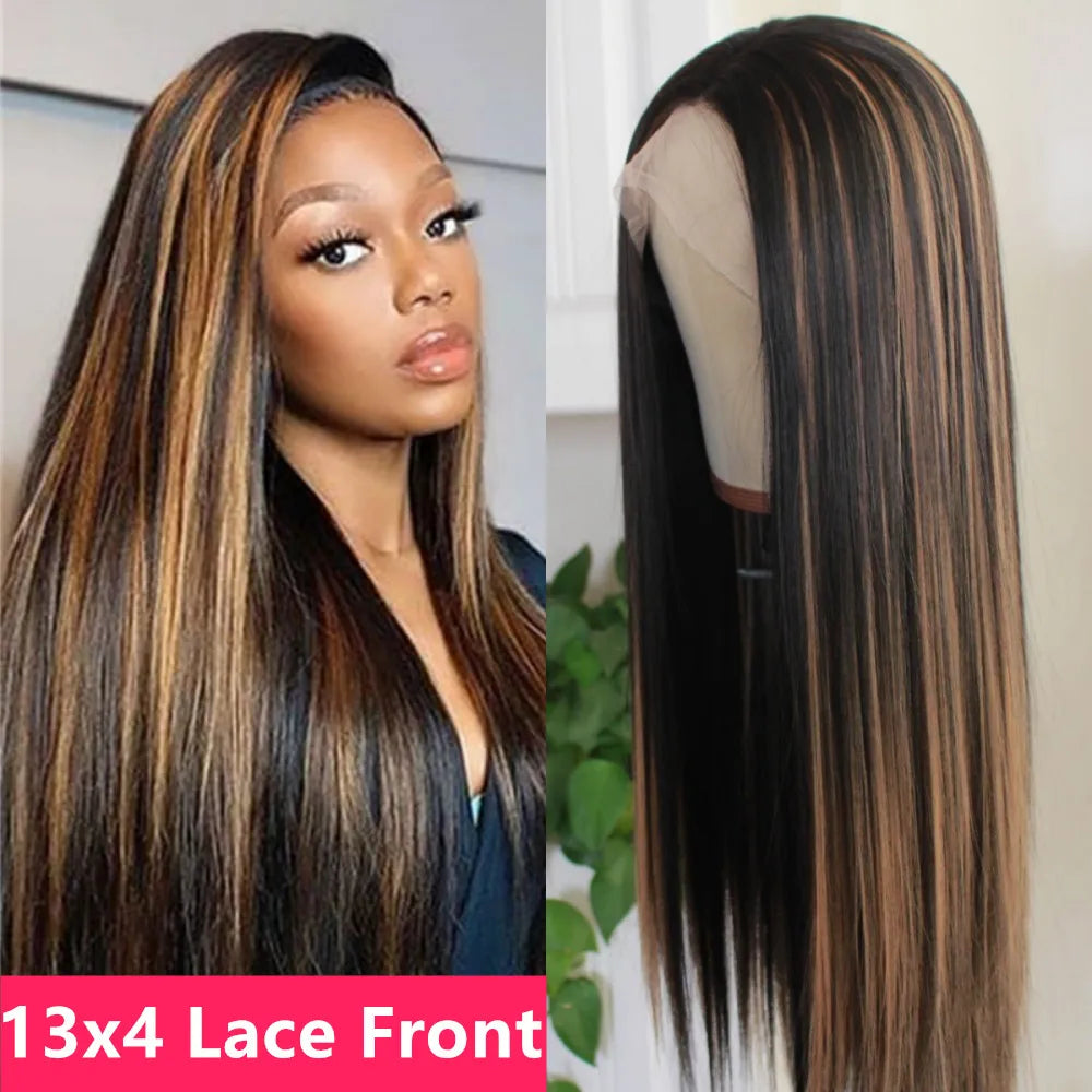 Woman with long hair and a close-up of a lace front wig with 13x4 lace front text.