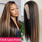 Woman with long hair and a close-up of a lace front wig with 13x4 lace front text.