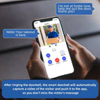 Person using a smartphone with a doorbell app showing a delivery person with a package, text indicating a message to the user.