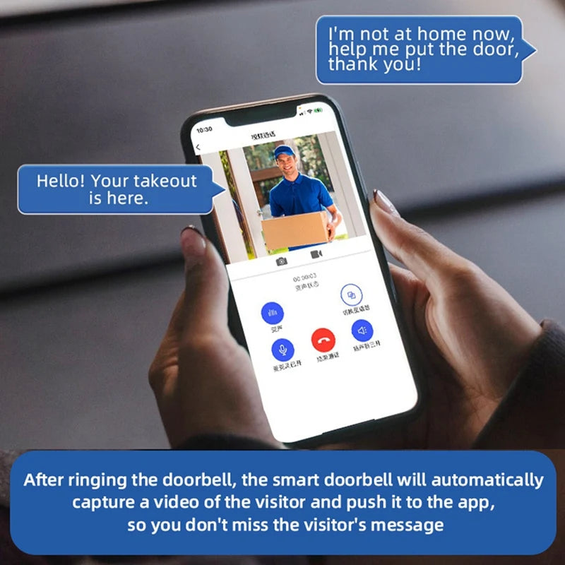 Person using a smartphone with a doorbell app showing a delivery person with a package, text indicating a message to the user.