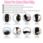 Instructions on how to care for a wig with step-by-step illustrations.