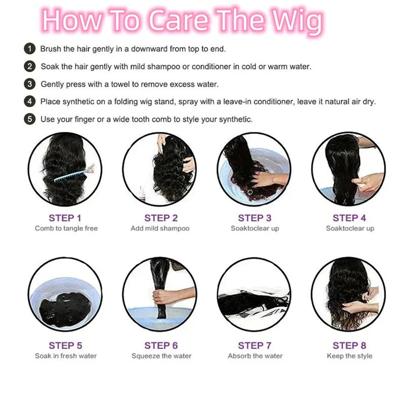 Instructions on how to care for a wig with step-by-step illustrations.