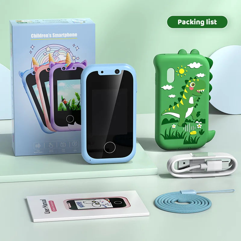 Children's smartphone with packaging, case, charger, and manual on a light green background