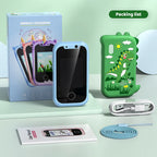 Children's smartphone with packaging, case, charger, and manual on a light green background
