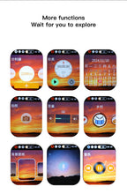 Various app icons on a digital display with a colorful background
