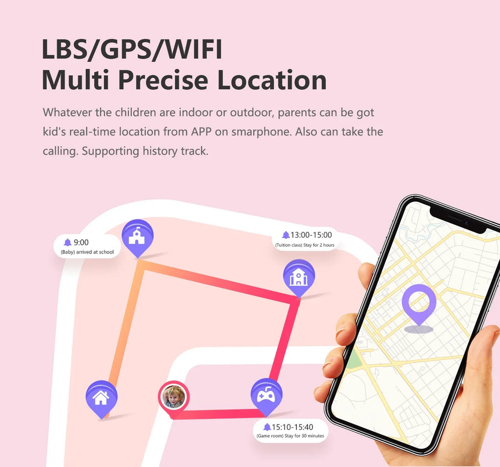 Smartphone displaying a location tracking app with a pink background and text about LBS/GPS/WIFI multi-precise location tracking.
