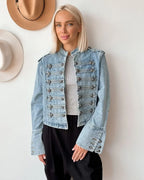 Vintage Denim Military Jacket Women Retro Solid Round Neck Single Breasted Slim Short Jackets 2026 Lady Daily Street Outerwears