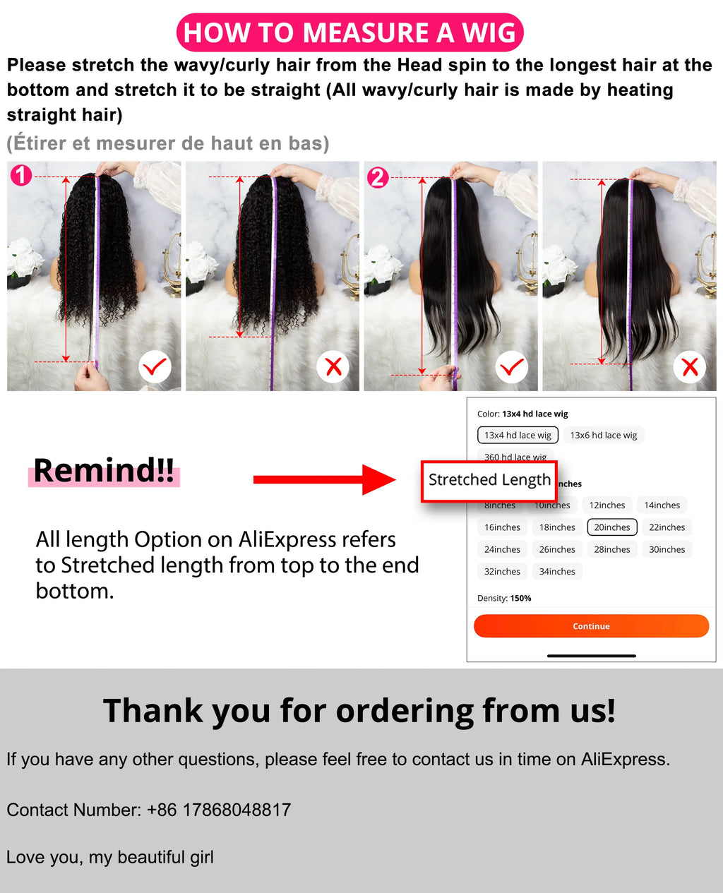 Instructions on how to measure a wig with images and text overlay.