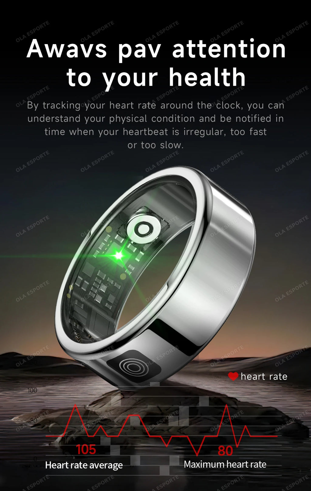 Smart health monitoring ring with heart rate display on a dark background