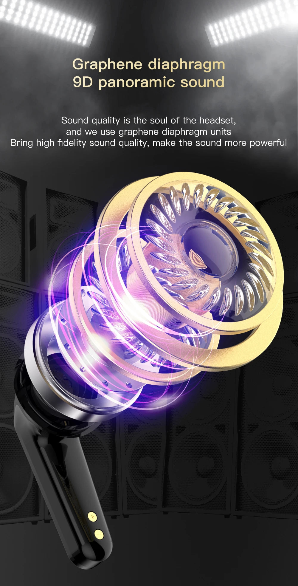 Headset with graphene diaphragm and 9D panoramic sound technology, set against a dark background with spotlights.