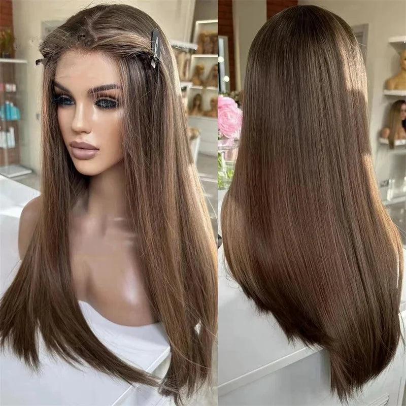 Brown wig displayed on a mannequin head with front and back views.