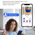 Woman using a smartphone with a video call app, showing a delivery person at the door.