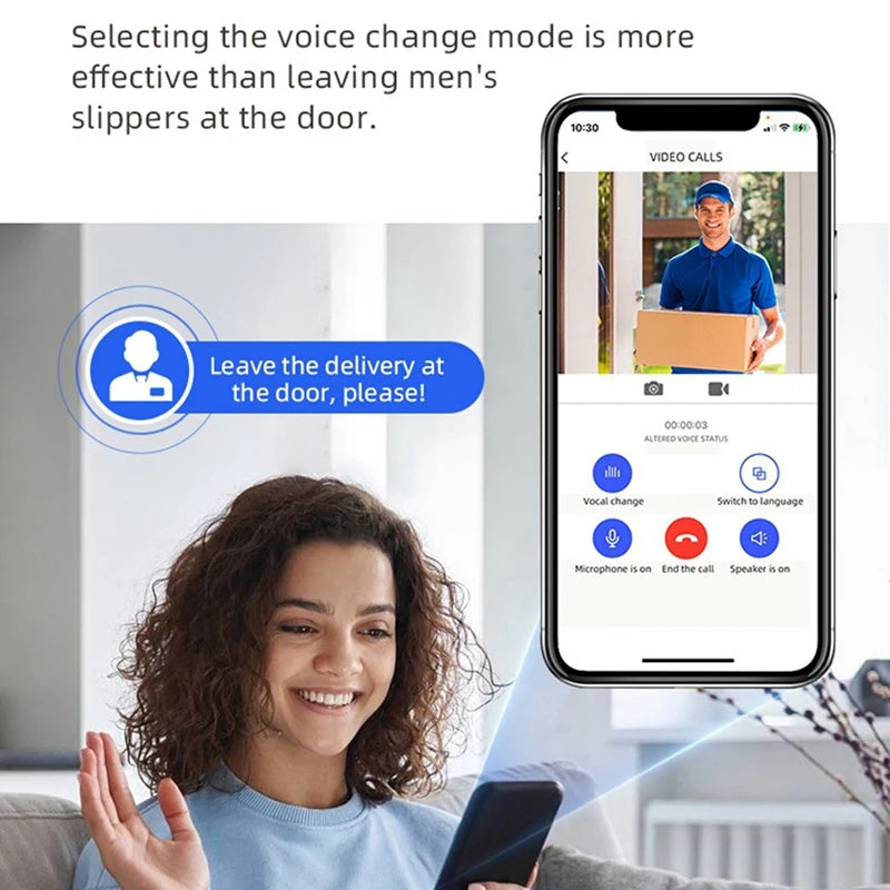 Woman using a smartphone with a video call app, showing a delivery person at the door.