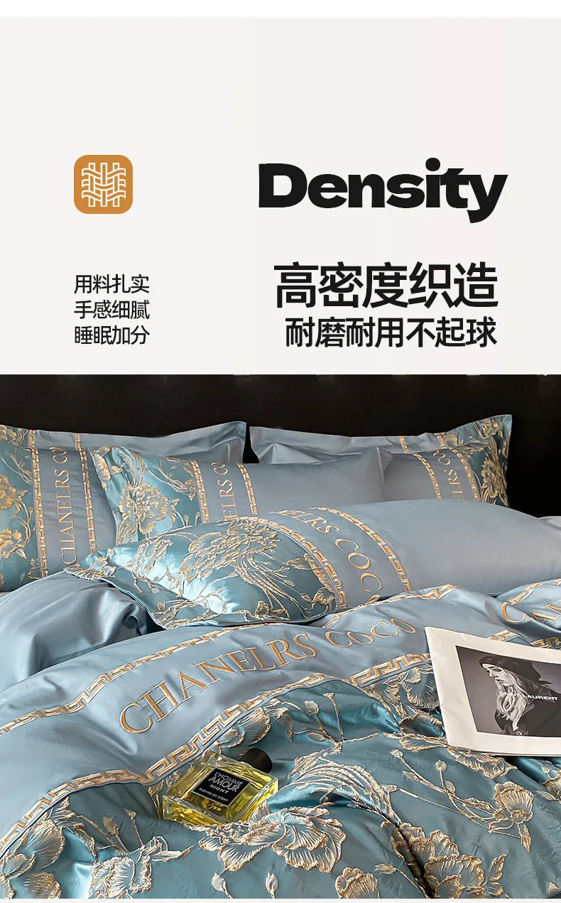 Blue bedding set with gold embroidery and 'Density' branding on a black background