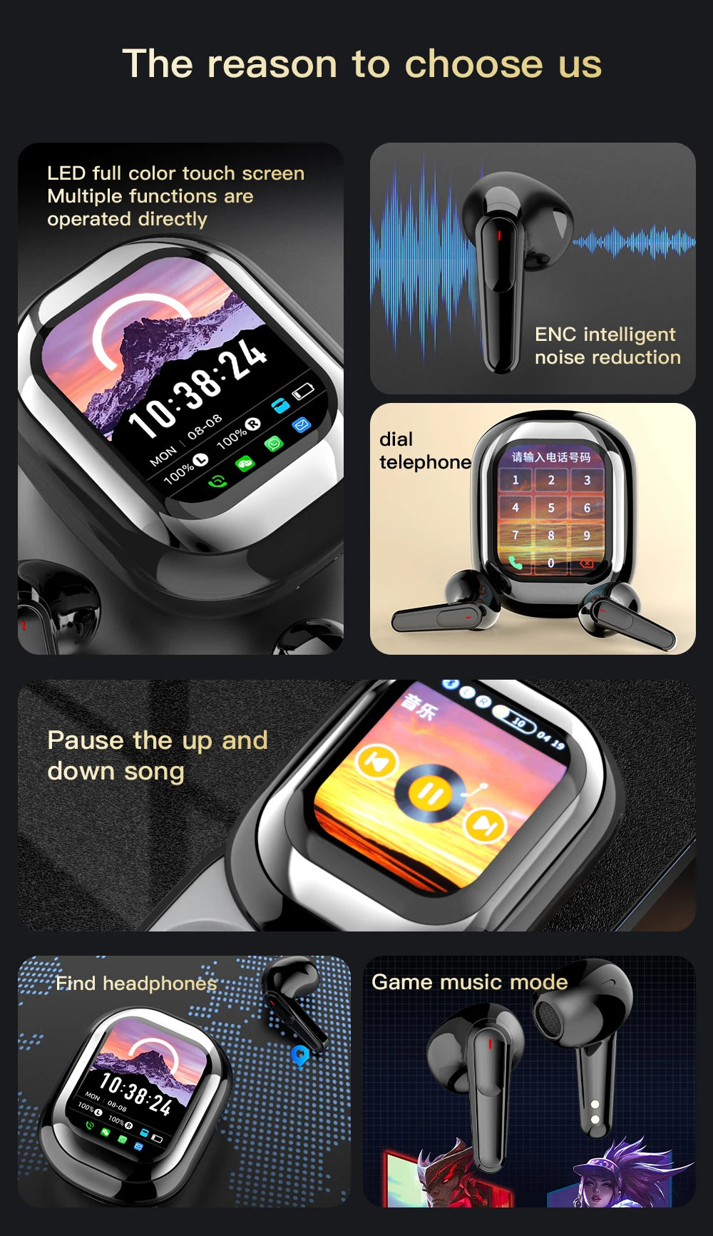 Smartwatch and wireless earbuds with various features highlighted