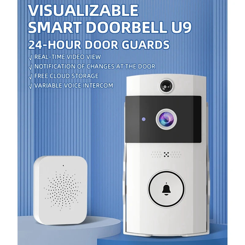 Smart doorbell U9 with features listed on a blue background