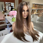 Mannequin head with long brown wig in a salon setting