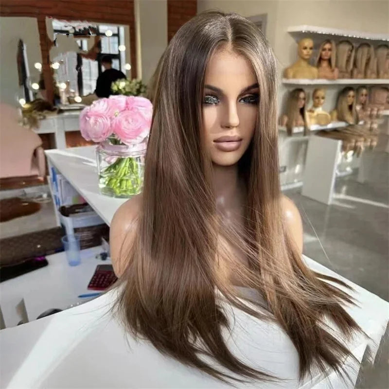 Mannequin head with long brown wig in a salon setting
