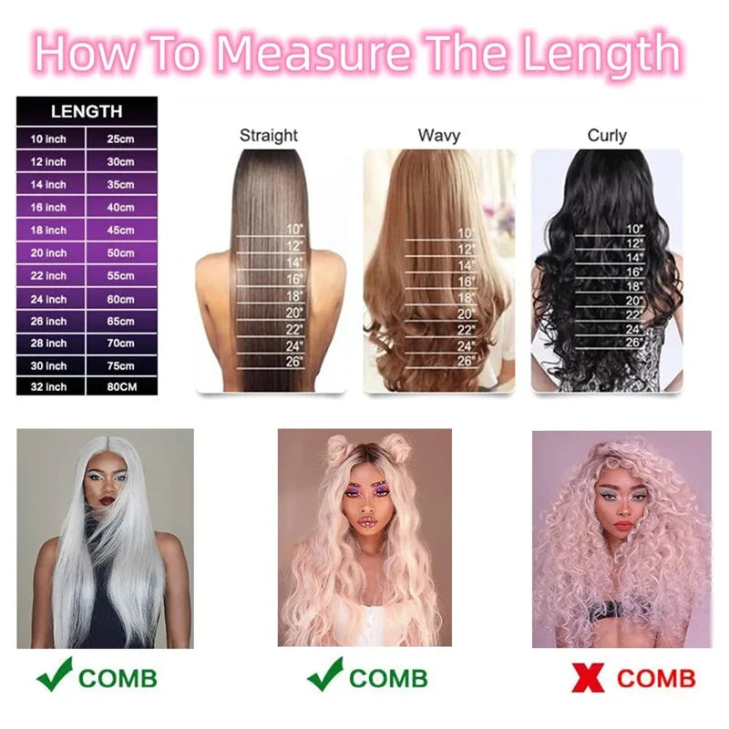 Chart showing how to measure wig length with images of wigs and measurements.