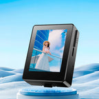 Digital photo frame displaying a woman on a balcony with a blue sky background