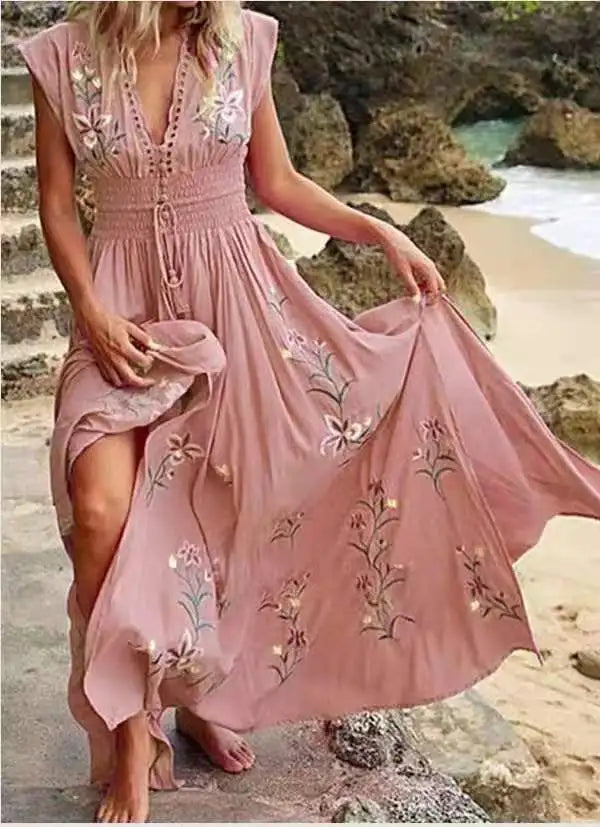 V-neck French Beach Wave Casual Printed Dress