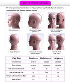Wig cap size chart with mannequin heads and measurements