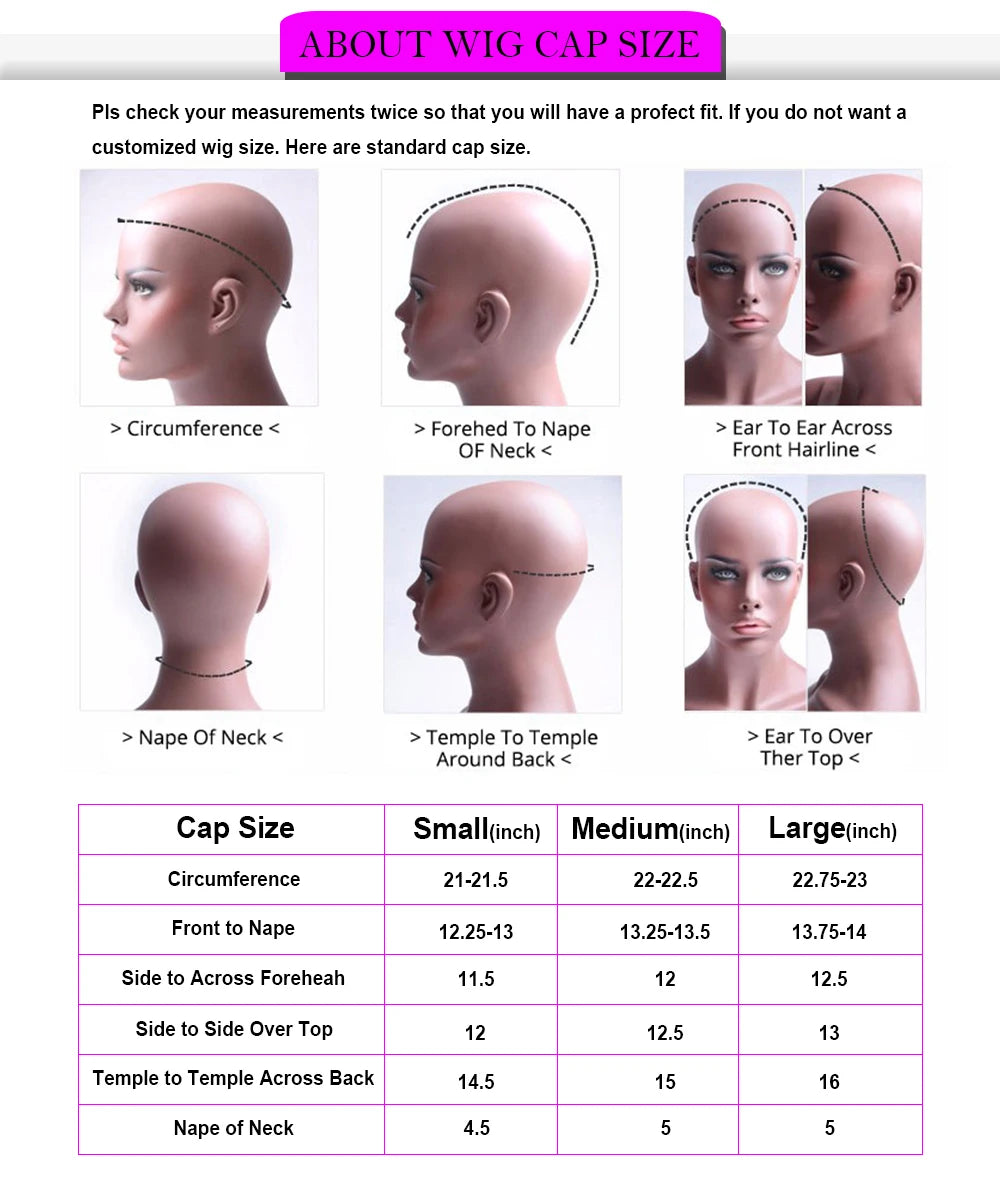 Wig cap size chart with mannequin heads and measurements