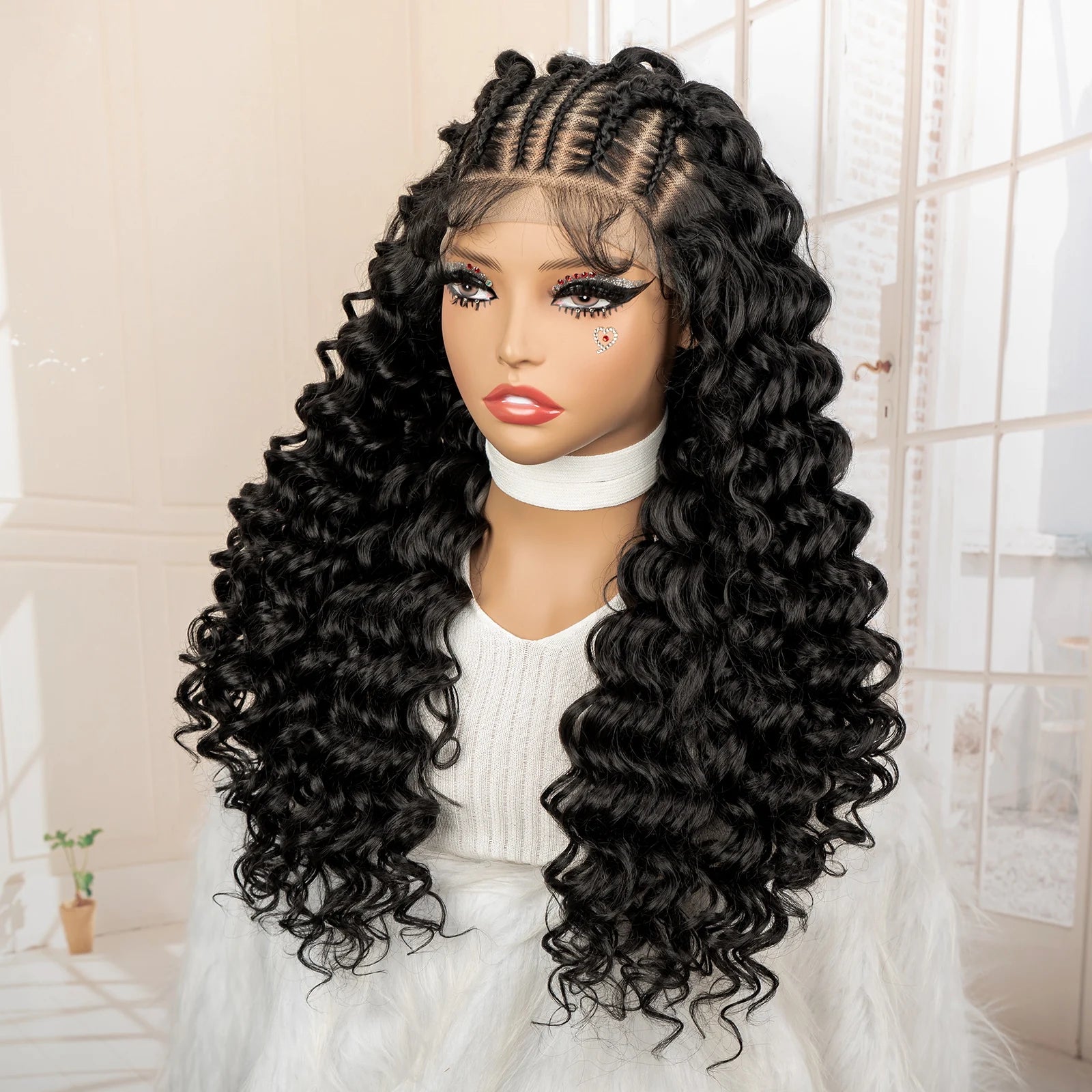 Mannequin head with a black wig featuring braided front and curly sides on a neutral background.