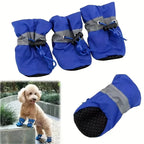 Blue dog boots with reflective strips on a white background, shown with a dog wearing them.