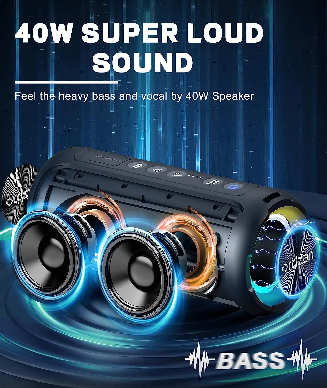 Ortlizen portable speaker with 40W super loud sound on a dark blue background