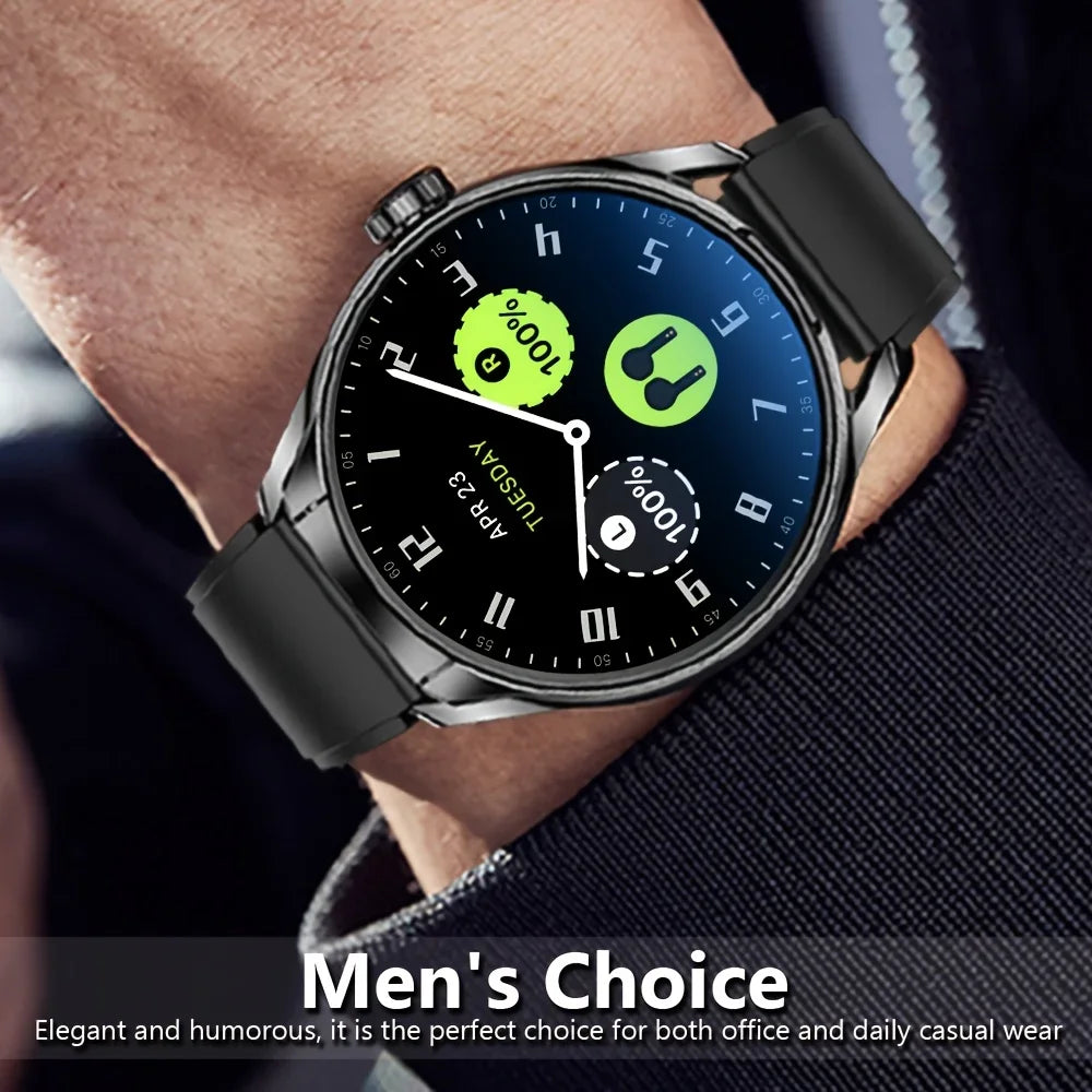 Smartwatch on a person's wrist with a black strap, displaying a digital interface.
