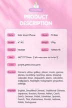Product description of a kids smartphone on a pink background with a cartoon unicorn logo.