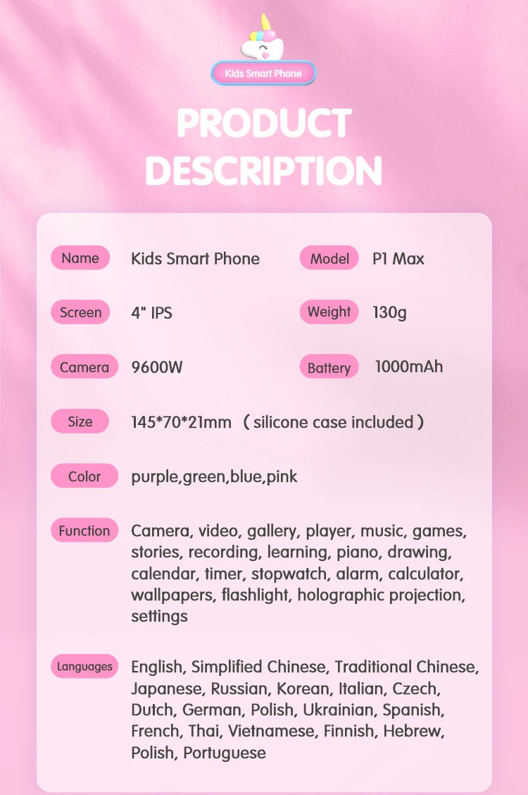 Product description of a kids smartphone on a pink background with a cartoon unicorn logo.