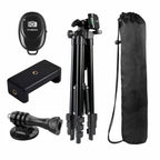 Camera accessories including a tripod, remote control, and carrying case on a white background