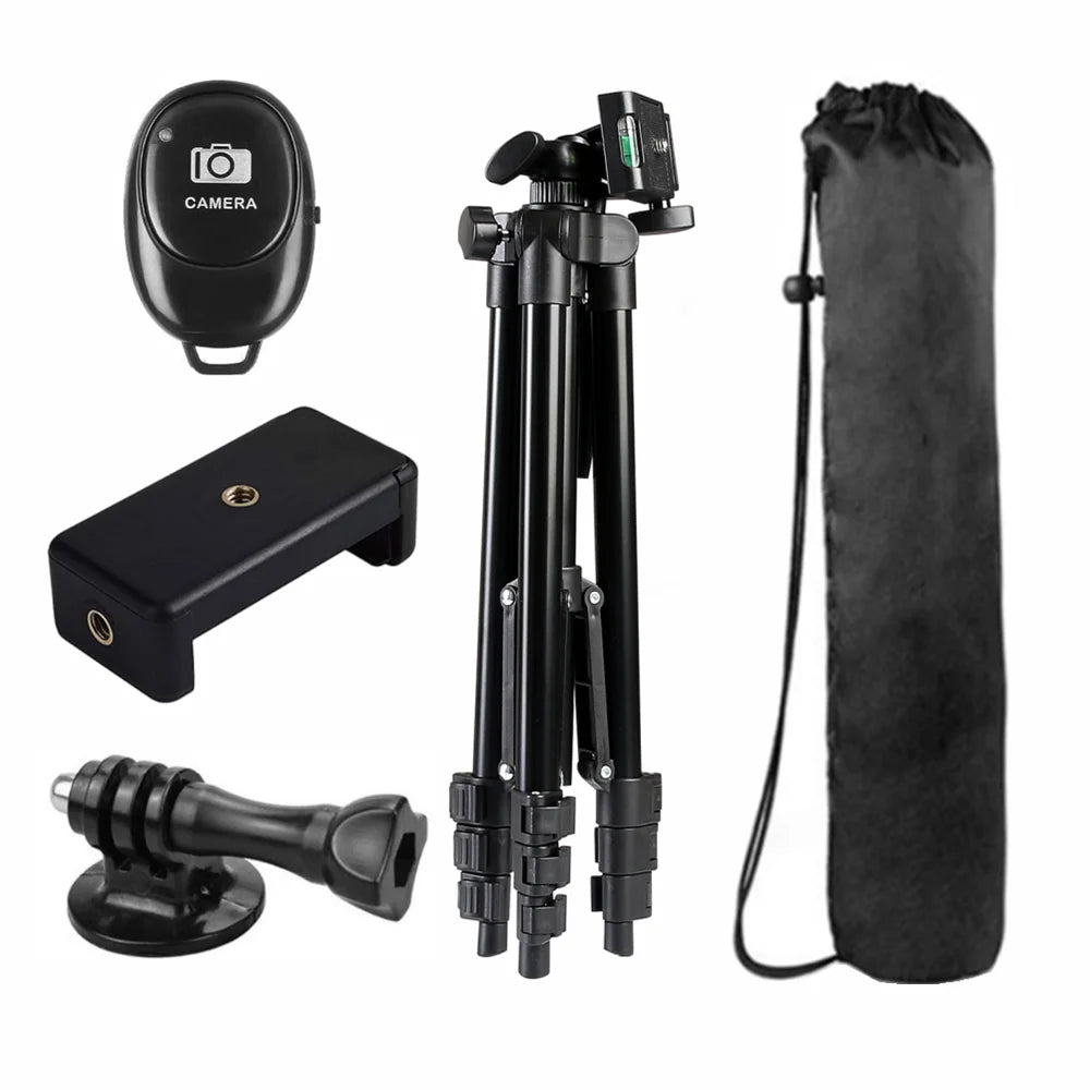 Camera accessories including a tripod, remote control, and carrying case on a white background