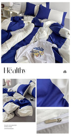 Blue and white bedding set with a visible brand logo, displayed in a collage format.