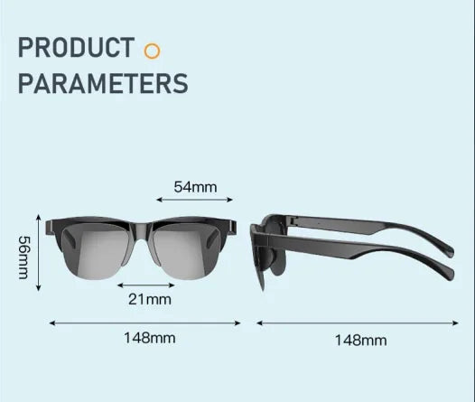 Sunglasses with dimensions labeled on a light gray background