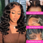 Woman with styled hair and close-up of hairline with text on installation and styling options.