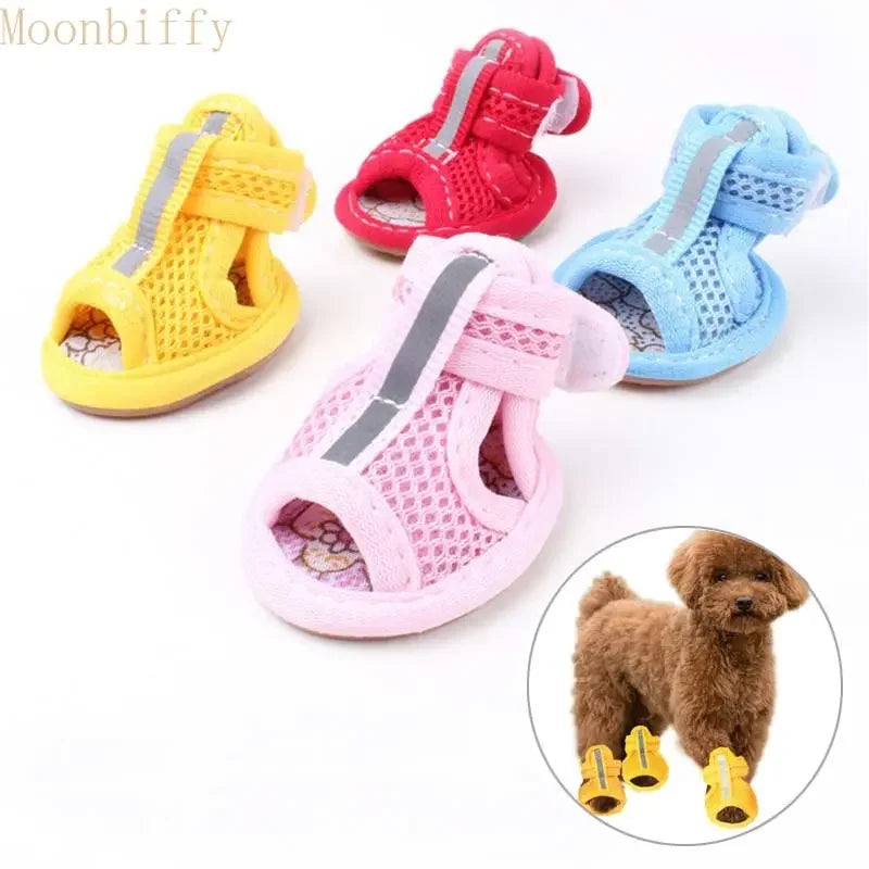 Colorful pet shoes with a small dog wearing yellow shoes inset, branded 'Moonbiffy'.