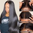 Collage of a wig with text labels on hair parts and styling.